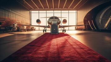 Privat Jet auf Runway mit ein rot Teppich gerollt zu das Tür, generiert ai Bild foto