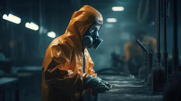 Fachmann chemisch Arbeiter im Schutz passen und Gas Maske, generiert ai Bild foto