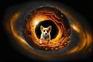 Raum Hund eintreten im ein schwarz Loch mit Planeten und Star im Hintergrund Illustration ai generiert foto