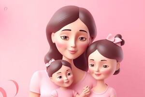 glücklich Mutter Tag mit ihr Tochter auf Rosa Hintergrund, 3d Rendern generativ ai foto