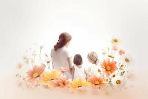 Mutter Tag Gruß Karte mit Familie und Blumen. Vektor Illustration. generativ ai foto