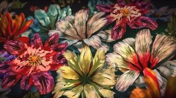 Textur von beschwingt gemischt afrikanisch bunt Blühen Blumen zum Hintergrund, Hintergrund. ai generiert. foto