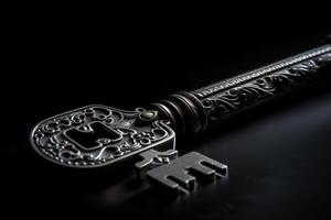 Metall Bronze- Schlüssel von das sperren auf ein dunkel Hintergrund. ai generiert. foto