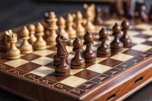 das klassisch Tafel intellektuell Spiel von Schach. Spiel Positionen. hölzern Zahlen. ai generiert. foto