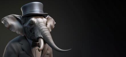 Gentleman Boss Elefant mit ein Kofferraum und groß Ohren tragen ein Hut, passen und binden. Banner Header. ai generiert. foto