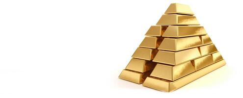 Gold Riegel gestapelt im ein Pyramide auf ein Weiß Hintergrund. Header Banner Attrappe, Lehrmodell, Simulation mit Raum. ai generiert. foto
