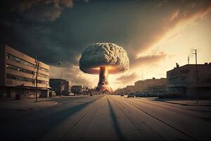 nuklear, atomar Explosion im das Stadt, Masse Mord. Krieg Katastrophe, tötlich Aggression. ai generiert. foto