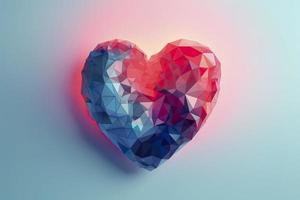 ein Herz gestalten gemacht mit Polygone im Rosa Farbtöne auf ein Licht Blau Gradient Hintergrund, erzeugen ai foto