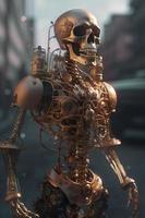 Märchen Steampunk Roboter Skelett taucht auf von das Flüssigkeit Kupfer. dampfend Herz und Lunge Innerhalb seine Brust. Gehen durch das Steampunk Stadt, generieren ai foto