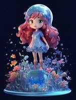 sehr süß Ozean Element Sprite Mädchen mit lange Haar auf unter Wasser Welt, Gradient Farbe, glühend transparent Koralle und Blumen, wachsend nach oben, generieren ai foto