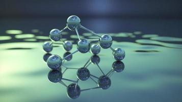 Wasserstoff Molekül oder Atom, abstrakt Struktur zum Wissenschaft oder medizinisch Hintergrund. klar Blau Wasser. Konzept von chemisch Modell- Verbindungen Atome. 3d Wiedergabe, erzeugen ai foto