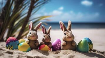 Ostern Hasen und bunt Ostern Eier auf ein Sand Strand Ostern Ferien generativ ai foto