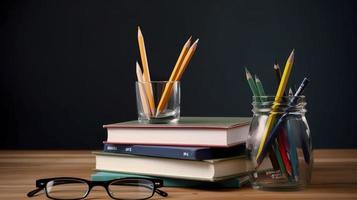 kostenlos Foto Stapel von Bücher mit Bleistift Halter und Brille gegen ein Tafel, generieren ai