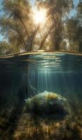 groß Fisch Schwimmen unten das Oberfläche mit Bäume und Sonnenlicht, im das Stil von jenseitig Landschaften, erzeugen ai foto