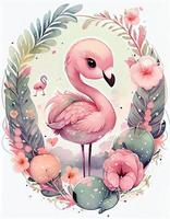 reif Aquarell süß glücklich Chibi Flamingo mit blumig Märchen Hintergrund, Sanft Pastell- Farben, erzeugen ai foto