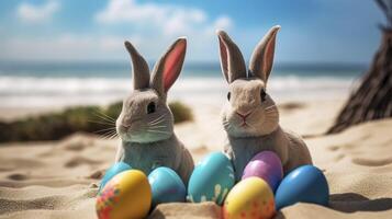 Ostern Hasen und bunt Ostern Eier auf ein Sand Strand Ostern Ferien generativ ai foto