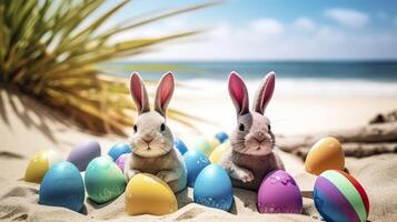 Ostern Hasen und bunt Ostern Eier auf ein Sand Strand Ostern Ferien generativ ai foto