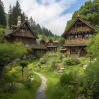 ein zauberhaft Sommer- Szene von satva vita, ein Luxus Resort eingebettet im das Wald und Schnee gekappt Berge von das schweizerisch-italienisch Alpen, generieren ai foto