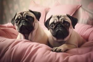 zwei bezaubernd Möpse sind kuscheln auf ein Rosa Bett fotorealistisch, generieren ai foto
