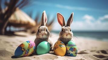 Ostern Hasen und bunt Ostern Eier auf ein Sand Strand Ostern Ferien generativ ai foto