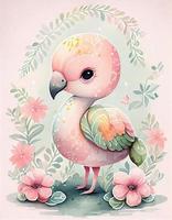 reif Aquarell süß glücklich Chibi Flamingo mit blumig Märchen Hintergrund, Sanft Pastell- Farben, erzeugen ai foto