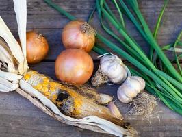 huitlacoche mit Zwiebeln, Knoblauch, Kürbis Blumen und Mais auf rustikal Holz foto