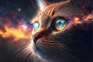 schließen oben von ein Katzen Gesicht mit ein Galaxis im das Hintergrund. generativ ai. foto