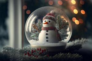 Schnee Globus mit ein Schneemann Innerhalb von Es. generativ ai. foto