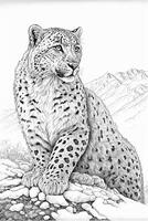 schwarz und Weiß Zeichnung von ein Schnee Leopard. generativ ai. foto