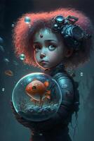 wenig Mädchen mit rot Haar halten ein Fisch Schüssel. generativ ai. foto