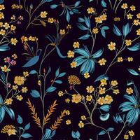 Muster von Gelb und Blau Blumen auf ein schwarz Hintergrund. generativ ai. foto
