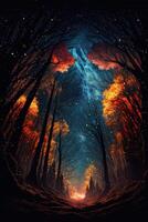 Mann Stehen im das Mitte von ein Wald beim Nacht. generativ ai. foto