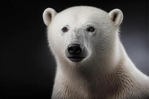 schließen oben von ein Polar- Bär auf ein schwarz Hintergrund. generativ ai. foto