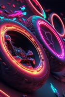 schließen oben von ein Motorrad Reifen mit Neon- Beleuchtung. generativ ai. foto