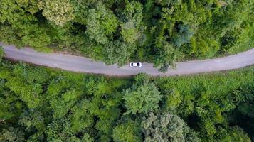 Luft Draufsicht Auto, das durch den Wald auf Landstraße fährt, Blick von Drohne foto