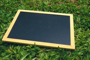 ein klein schwarz Tafel mit ein hölzern Rahmen sitzt auf das Grün Gras. foto