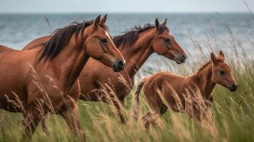 Familie von wild Wiese Pferde generativ ai foto