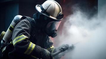 Feuerwehrmann im Rauch mit ein Schlauch setzt aus das Feuer generativ ai foto