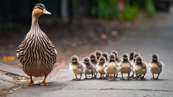 komisch Ente Vogel Familie Gehen Straße generativ ai foto