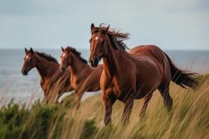 Familie von wild Wiese Pferde generativ ai foto