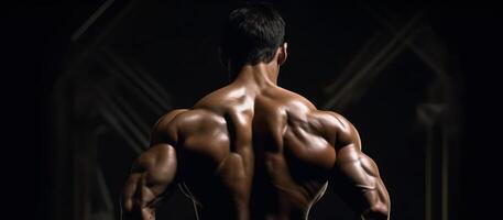 muskulös Mann zurück Aussicht von ein Bodybuilder Athlet im dunkel Hintergrund generativ ai foto