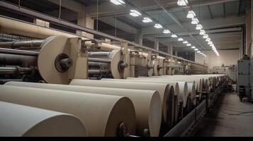 Rollen von industriell Baumwolle Stoff zum Kleidung Stoff Textil- Herstellung , ai generiert Bild foto