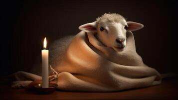 Baby Ziege bedeckt mit Handtuch im ein Kerze zündete Zimmer ai generiert foto