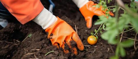 Nahansicht Bild von Frau s Hände im Gartenarbeit Handschuhe Pflanzen Tomate. foto