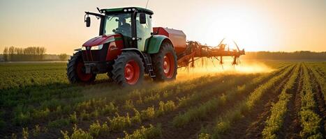 Landwirtschaft Traktor Sprühen Pflanzen im ein Feld. foto