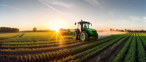 Landwirtschaft Traktor Sprühen Pflanzen im ein Feld. foto