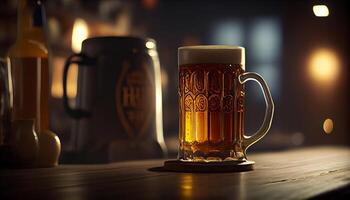 Glas Becher von Bier mit Schaum im ein Bar, Kneipe, Brauerei. Lagerbier trinken, Pint, Alkohol Nahansicht. generativ ai foto