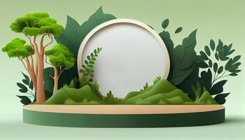 Öko Produkt Banner, Podium Plattform, Bühne Sockel mit Grün Natur und tropisch Pflanze Blätter, Bäume, 3d Papier. leer Hintergrund zum Produkt Werbung. generativ ai foto