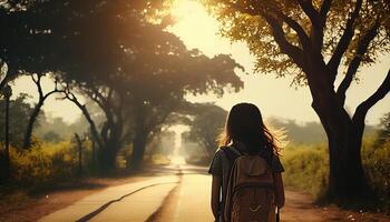 asiatisch Tourist Mädchen mit ein Rucksack steht allein auf das Straße. reisen, Ausflug Abenteuer, Tourismus, Freiheit Konzept.. generativ ai foto