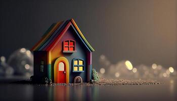 Miniatur Haus Modell, klein Spielzeug heim. Eigentum Verkauf, echt Anwesen, Investition, Hypothek Konzept. generativ ai foto